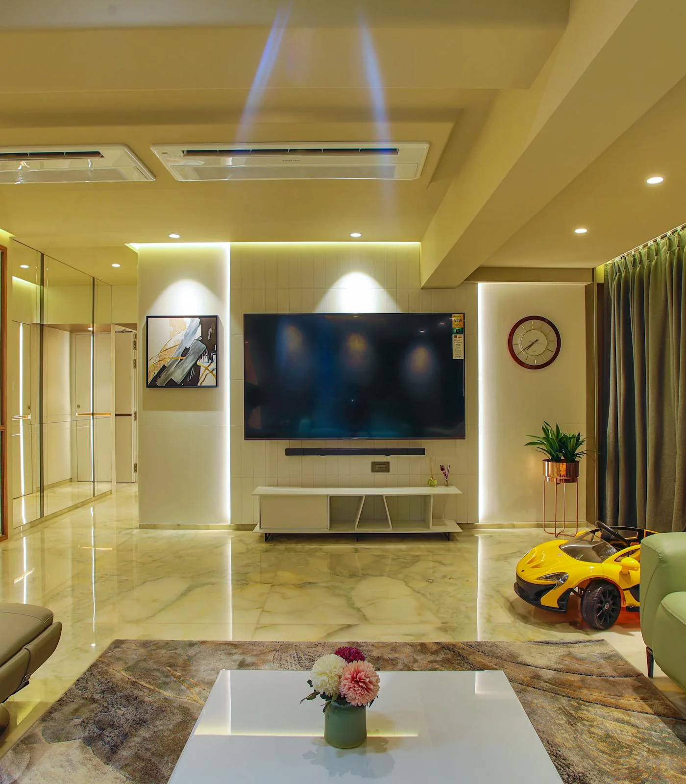 Polished living room with warm lighting