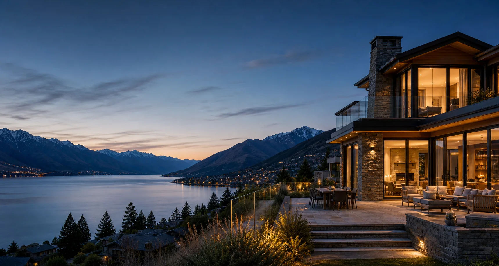 Luxury Queenstown alpine residence overlooking lake and mountains