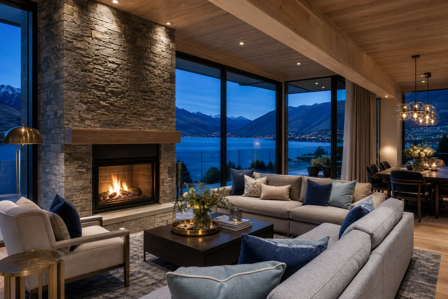 Warm luxury alpine living room with lake view